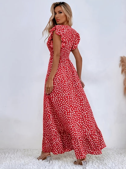Elegant Shirred Ruffle A-Line Maxi Dress with Printed Cap Sleeves and Wrap V-Neck Waist - Women's Summer Long Dress