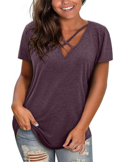 Short Sleeve V-Neck Top Summer Cross Casual Loose Cotton T-Shirt