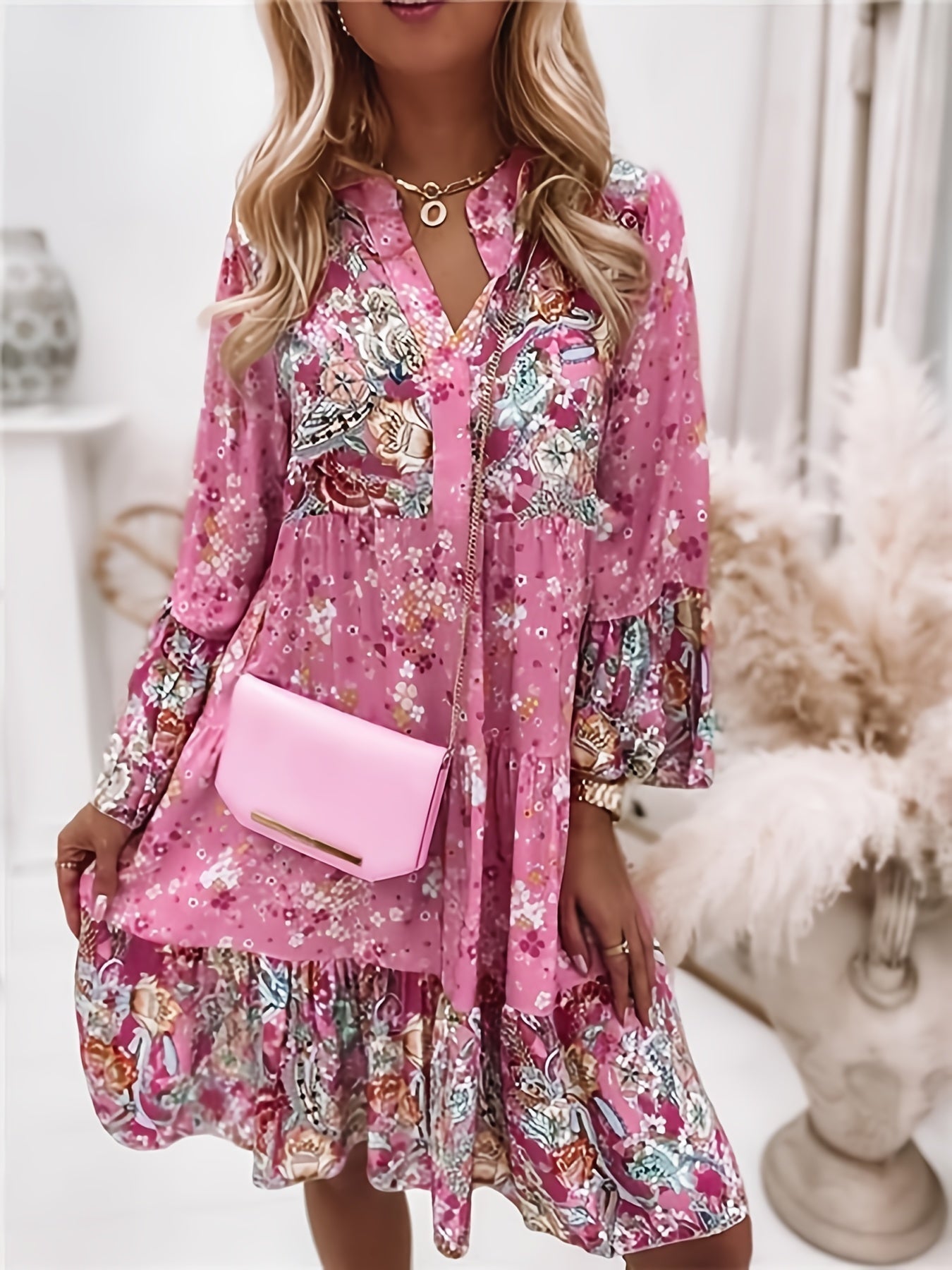 Floral Print Ruffle Hem Boho Holiday Long Sleeve V-neck Dress