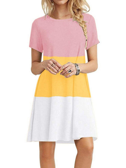 Women's Short Sleeve Crew Neck Swing Dress Color Block Summer Loose Casual A-line T-Shirt Dress