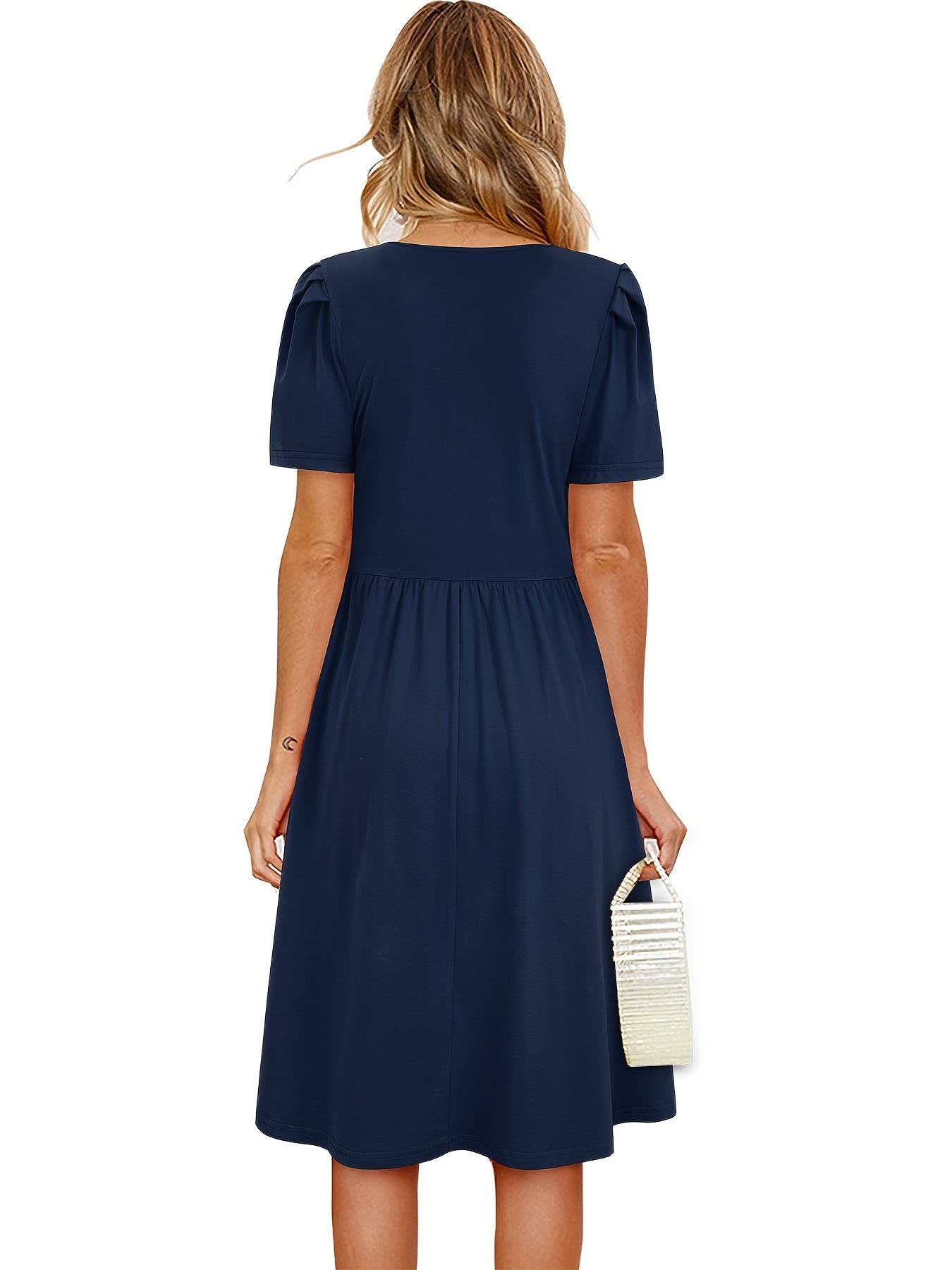 Solid Crew Neck Short Sleeve Fake Buttons Casual High Waist Ruffled Hem Midi Dress