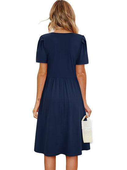 Solid Crew Neck Short Sleeve Fake Buttons Casual High Waist Ruffled Hem Midi Dress