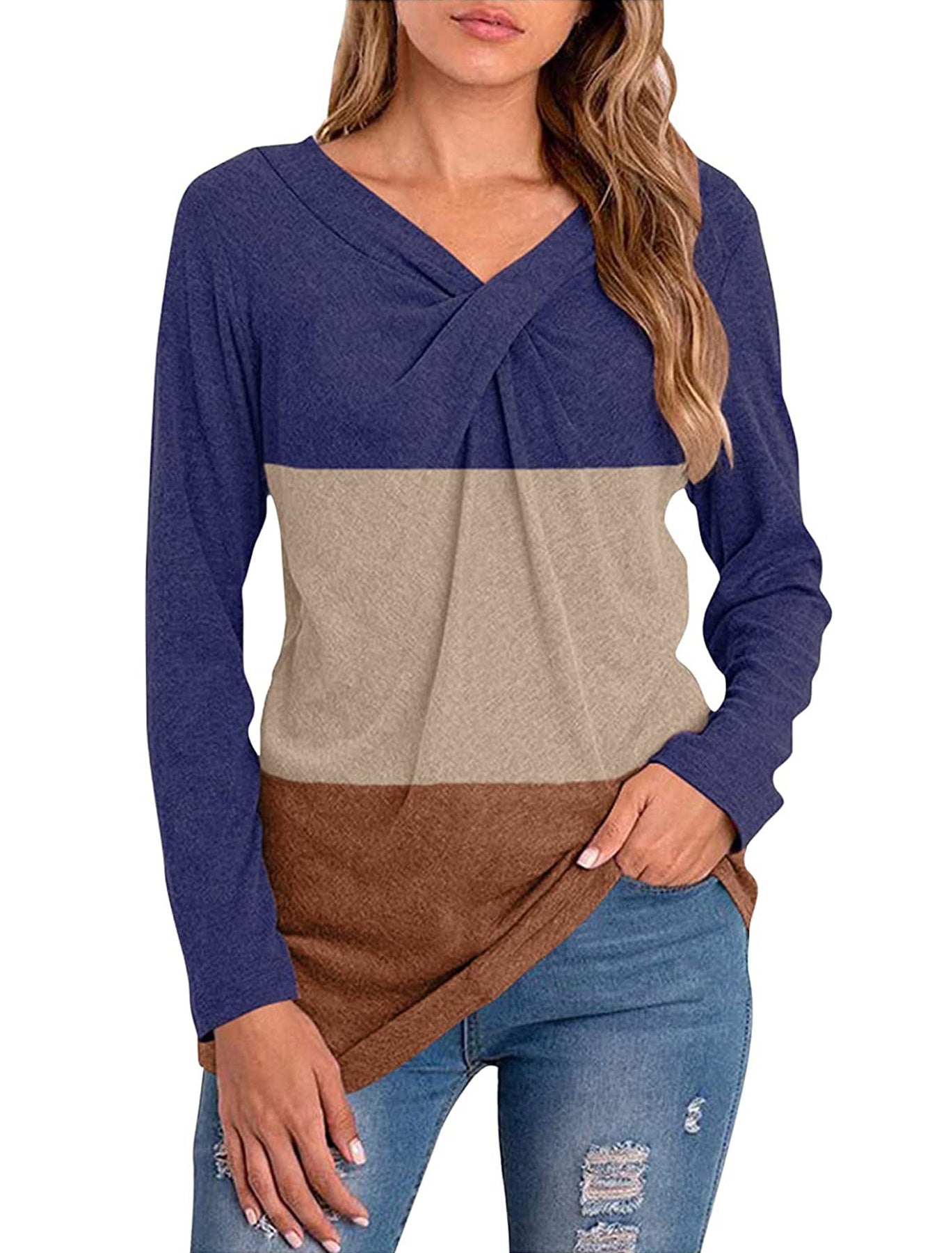 Color Block Long Sleeve Twist Neck T-shirts