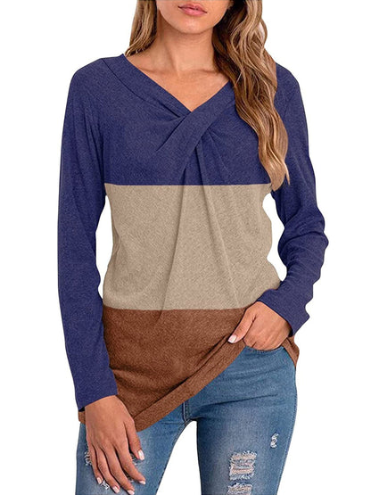 Color Block Long Sleeve Twist Neck T-shirts