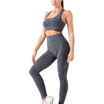 2PCS Workout Seamless Ribbed High Waist Leggings With Sports Bra Exercise Set