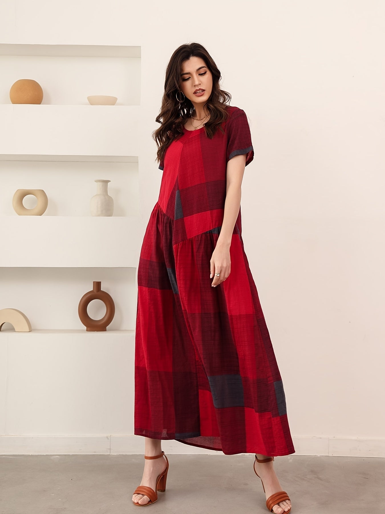 Loose Color Block Crew Neck Short Sleeve Vacation Casual Every Day Dress