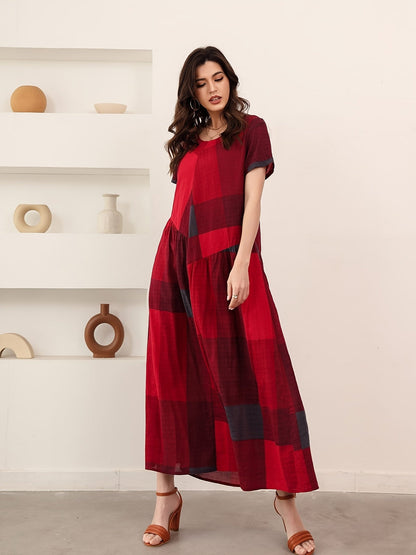Loose Color Block Crew Neck Short Sleeve Vacation Casual Every Day Dress