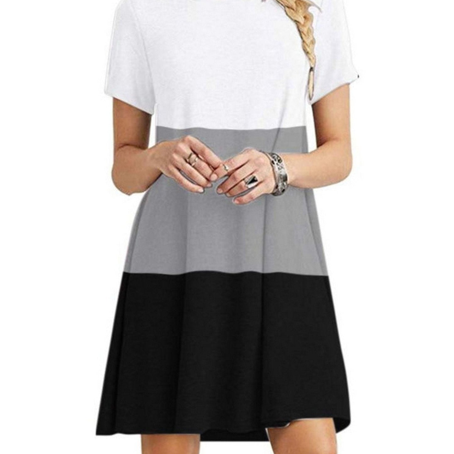 Women's Short Sleeve Crew Neck Swing Dress Color Block Summer Loose Casual A-line T-Shirt Dress