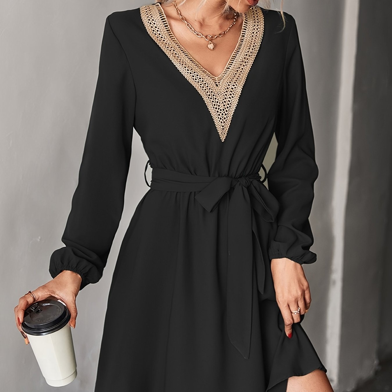 Elegant V-neck Casual Loose Solid Lace Long Sleeve Fashion Waist Belt Dresses