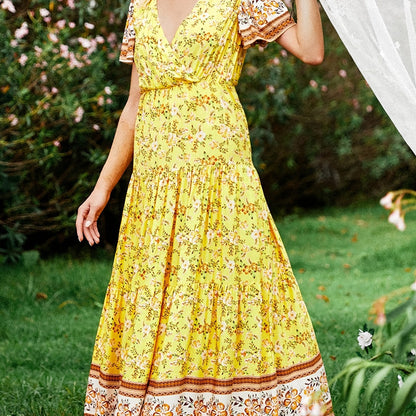 Floral Print V Neck Stitching Short Sleeve Casual Ruffled Hem Tunic Dress