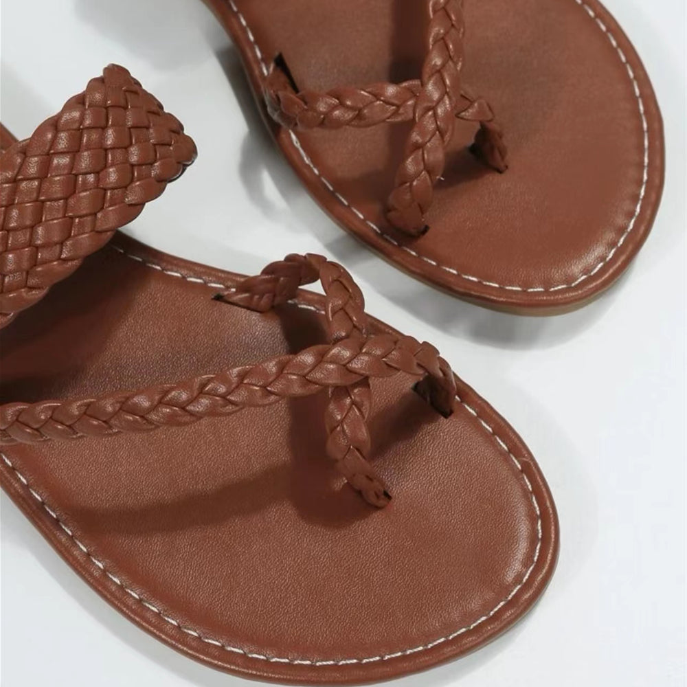 Women's Flat Slide Weave Detail Thong Braided Vamp Beach Slippers