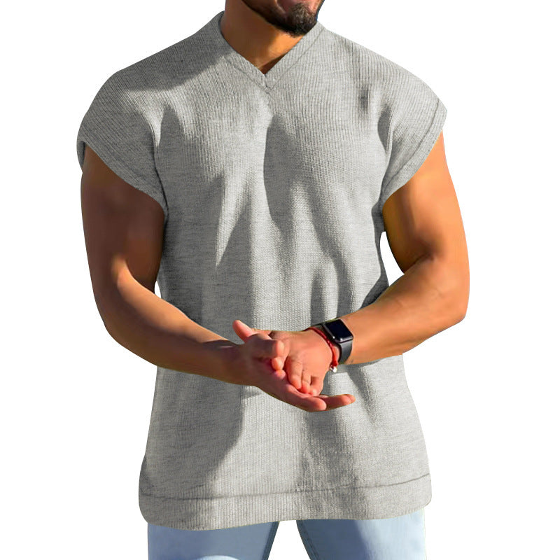 Men's summer v-neck solid color men's vest sleeveless casual loose short sleeves