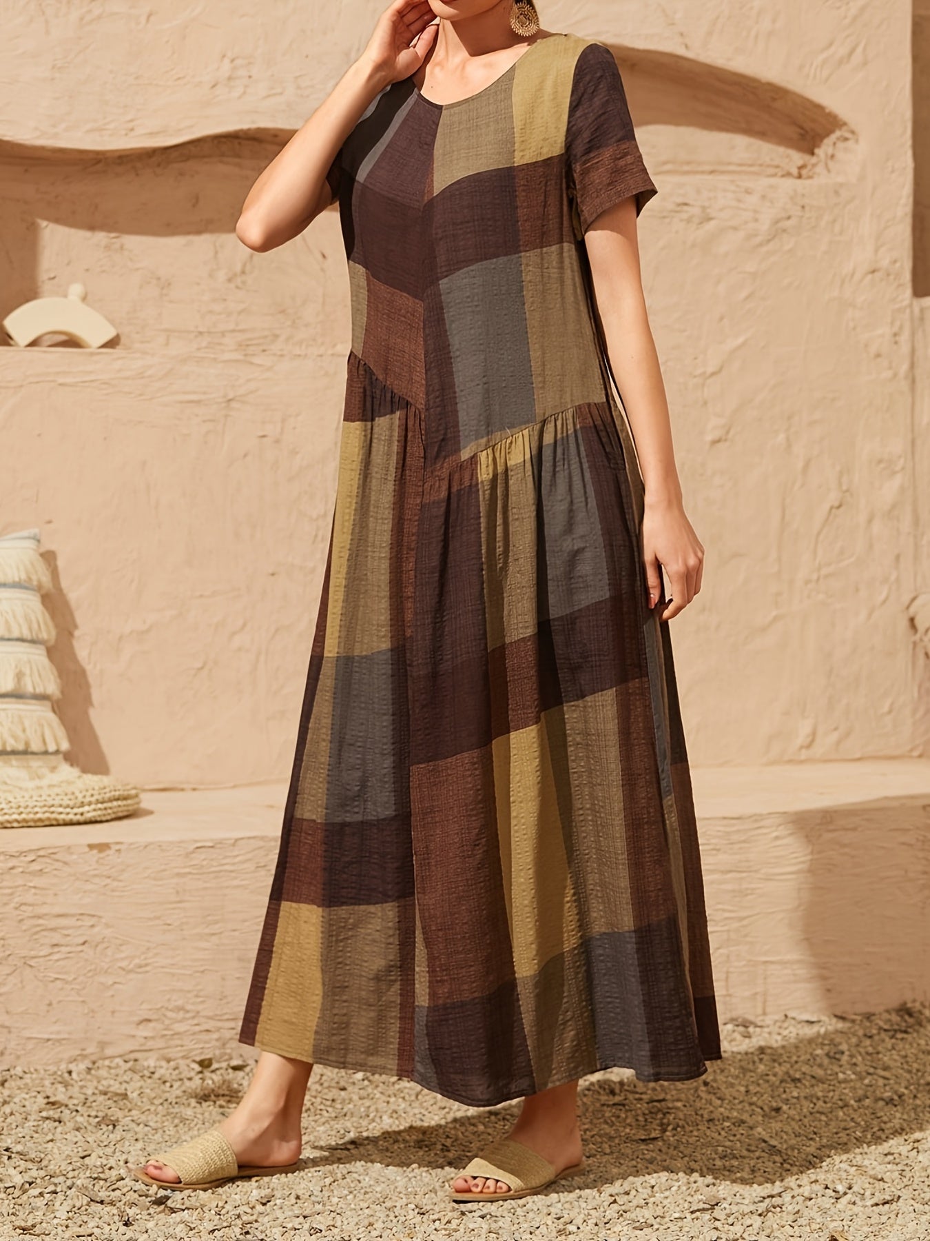Loose Color Block Crew Neck Short Sleeve Vacation Casual Every Day Dress