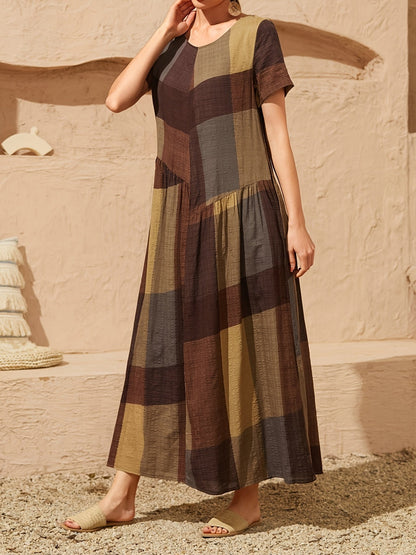 Loose Color Block Crew Neck Short Sleeve Vacation Casual Every Day Dress