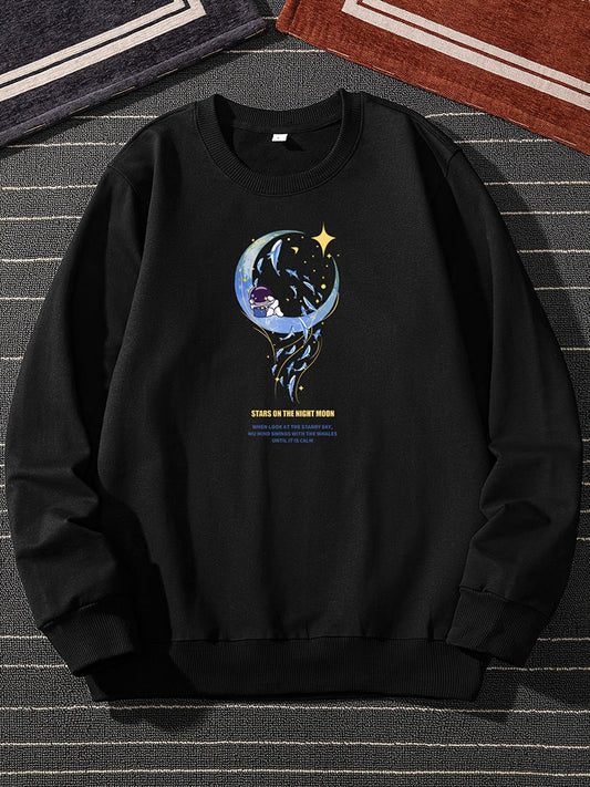 Men's Moon And Star Pattern Print Crewneck Casual Sports Sweatshirt