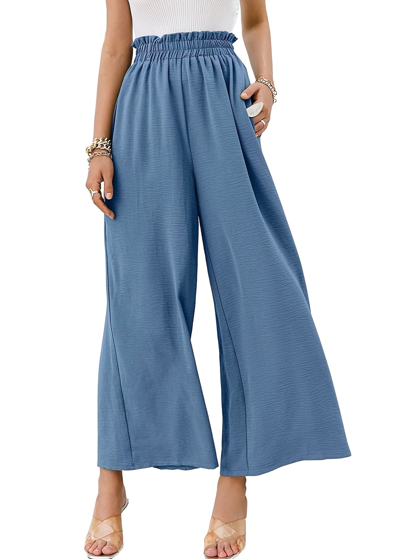 Solid Elastic Wide Leg High Waist Loose Pants With Pockets, Casual Every Day Pants