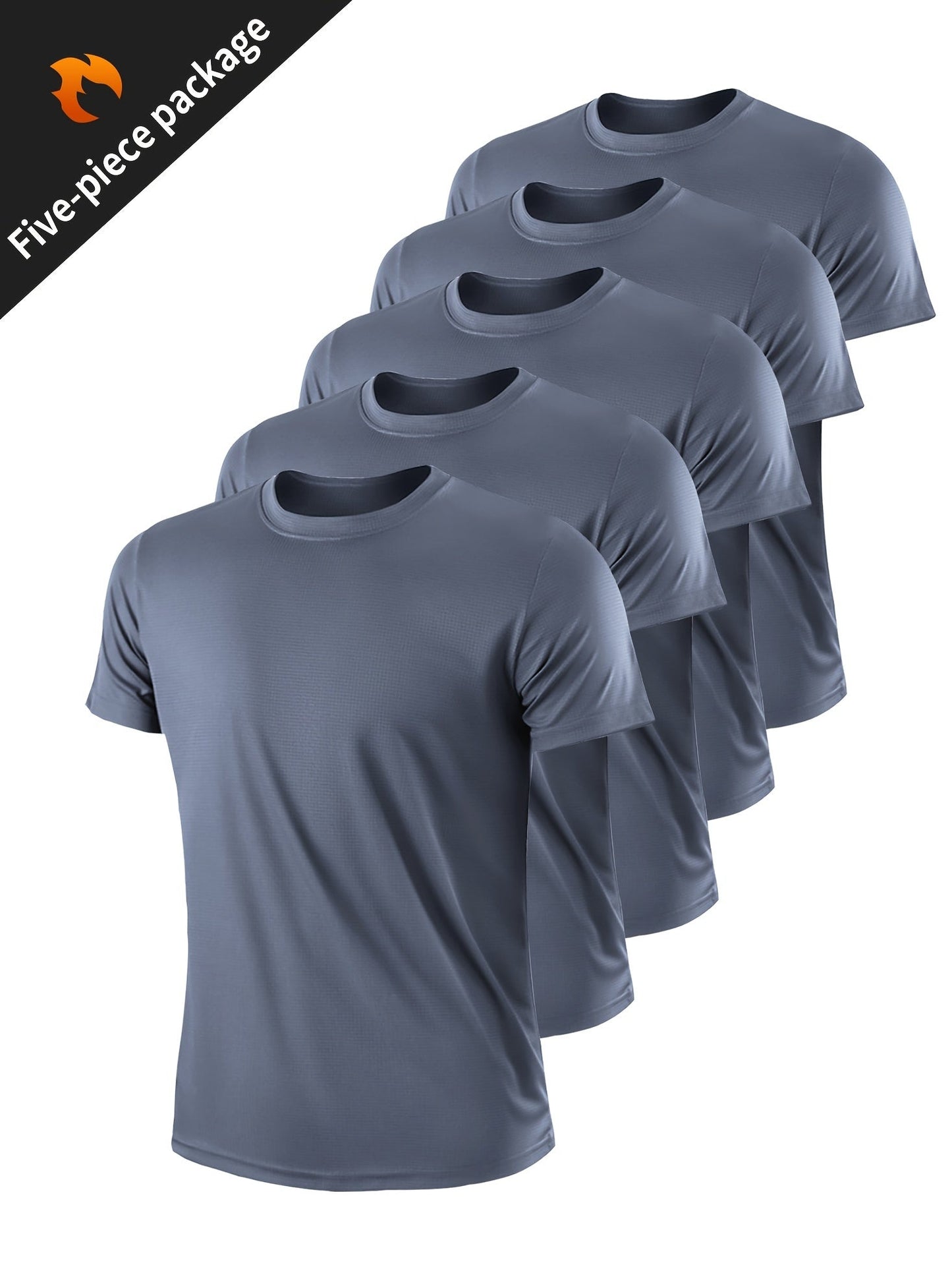 5pcs Men's Solid Color Crew Neck T-Shirt, Breathable Quick Drying Sweat Absorbing Sport Bodybuilding Shirt