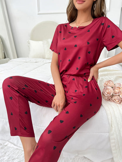 Casual Heart Print Pajamas Short Sleeve Pajama Top Pajama Pants