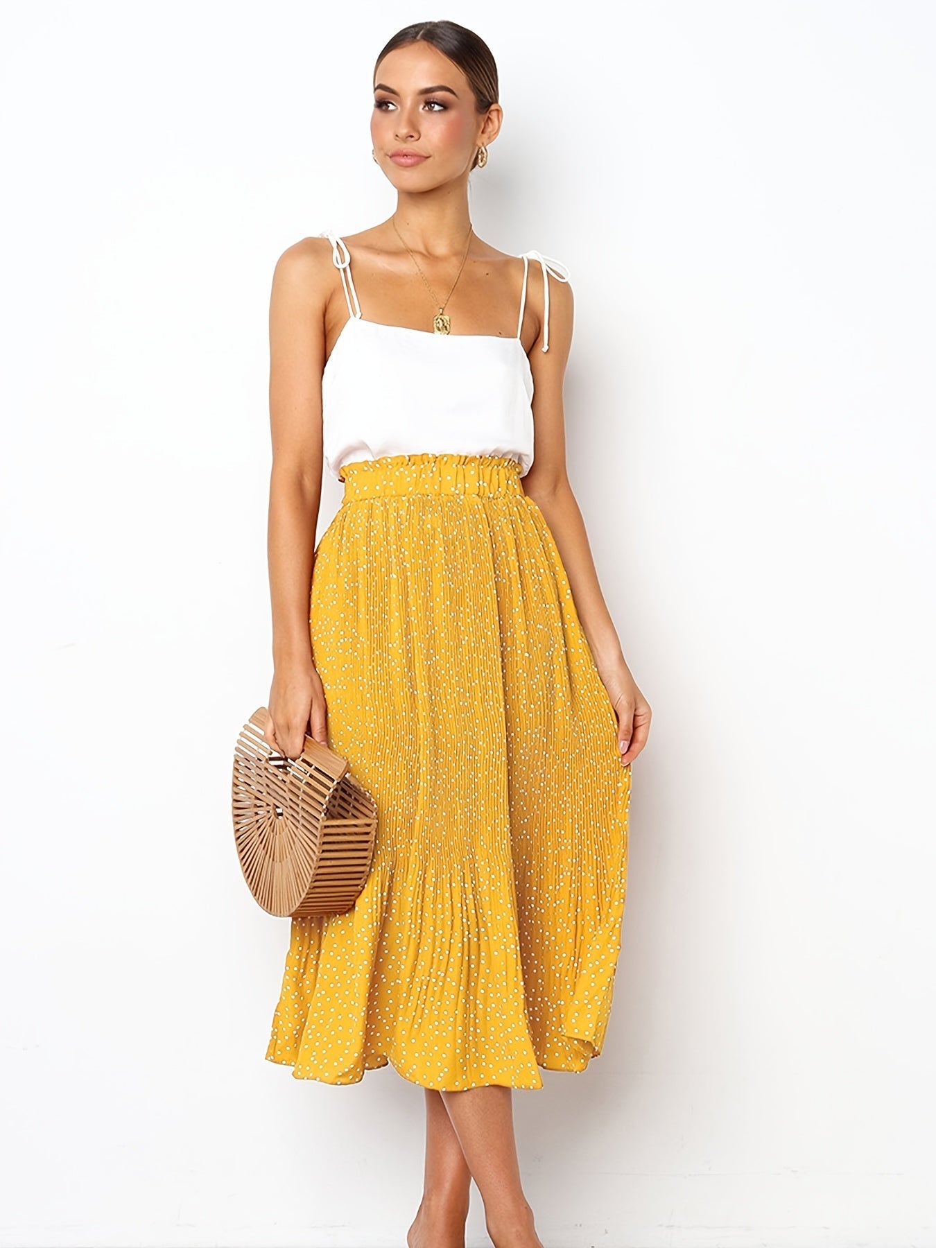 Pretty Polka Dot Pleated Skirt - High Waisted Spring Summer Casual Everyday
