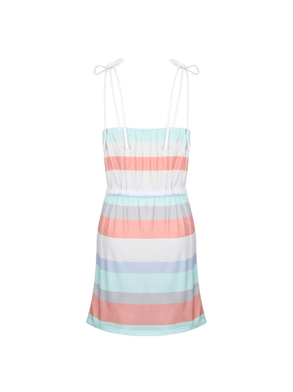 Striped Drawstring Lace Up Pocket V-neck Sleeveless Dress