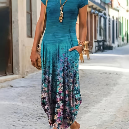 Casual Short Sleeve Crew Neck Floral Print Pocket Dress