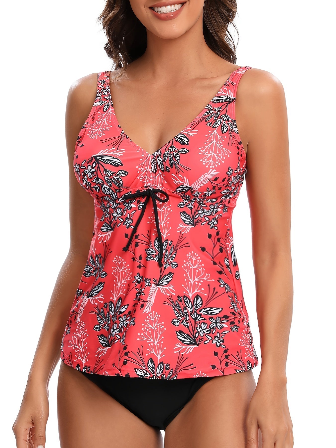 Random Print V Neck Tankini Sets Tie Front Stretchy Casual Beachwear High Cut 2 Pieces Swimsuit