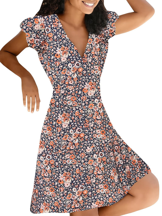 Floral Print V Neck Slim Short Sleeve Casual Every Day Dress For Fall Spring