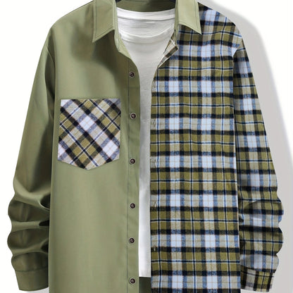 Men's Stylish Contrast Color Plaid Panel Long Sleeve Shirt