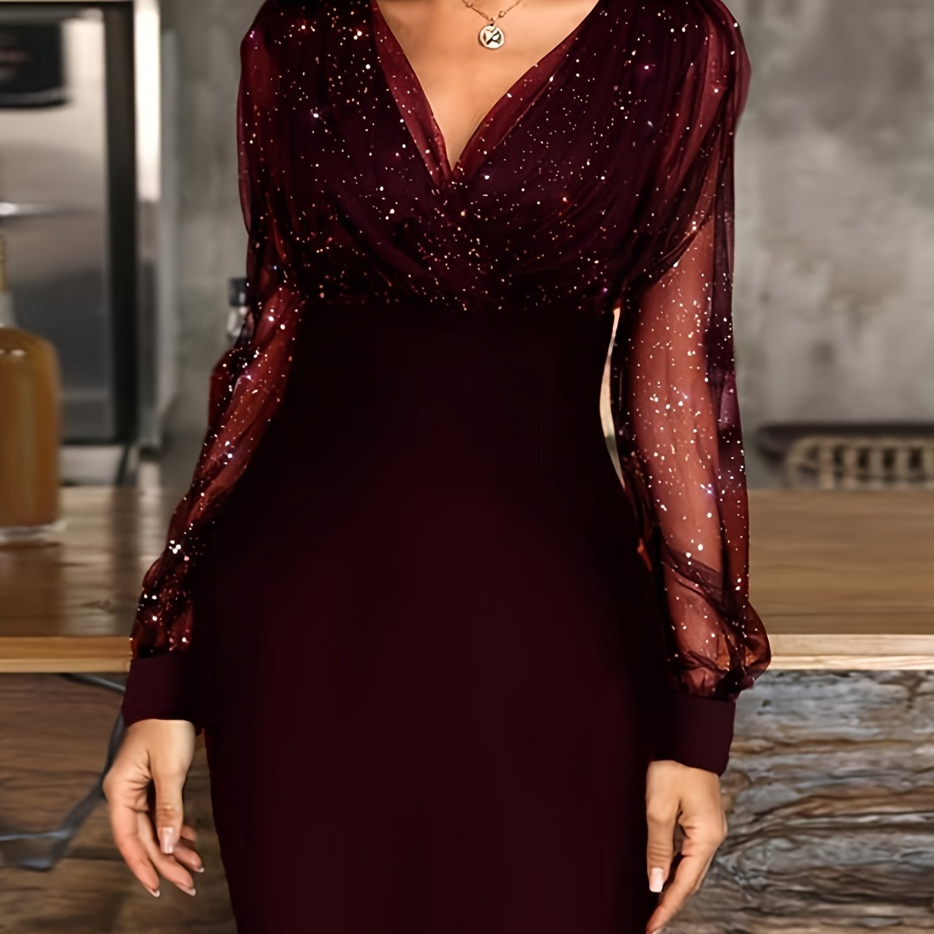 Solid Sequin Stitching Lace Long Sleeve Elegant Mesh Slim Sexy Party Dress