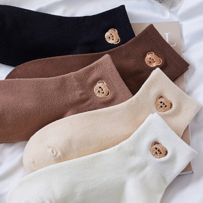 5 Pairs Soft Teddy Bear Embroidered Crew Length Sock Pack