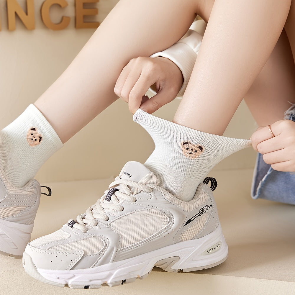 5 Pairs Soft Teddy Bear Embroidered Crew Length Sock Pack