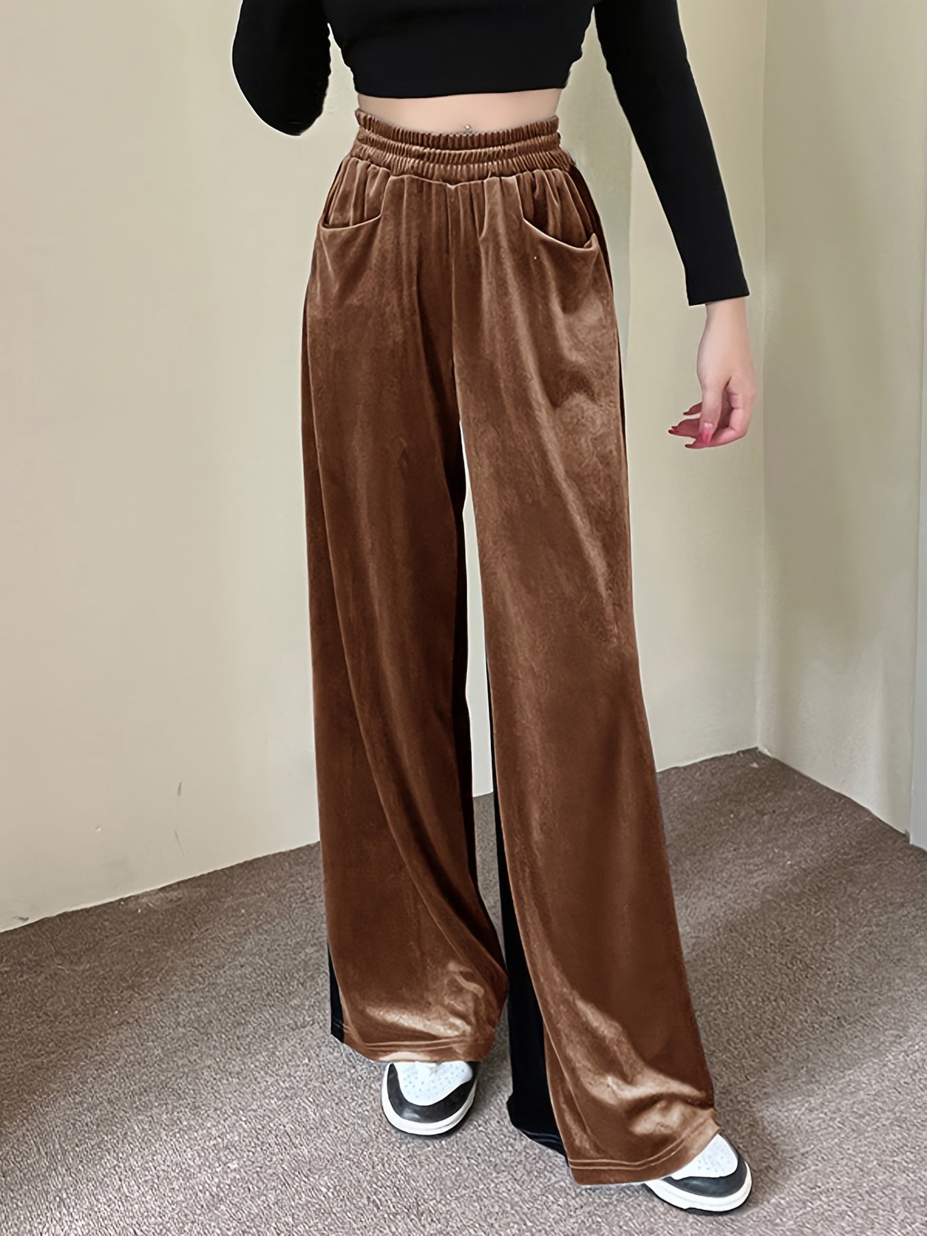 Loose Straight Color Block Casual Pocket High Waist Wide Leg Fashion Comfy Slim Pants