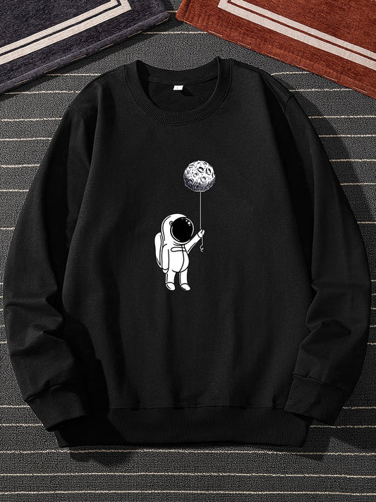 Men's Astronaut Planet Print Autumn Crewneck Casual Sports Sweatshirt