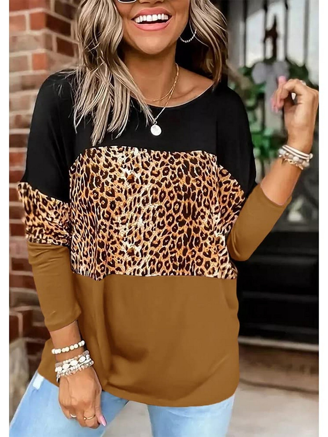 Casual Loose Leopard Round Neck Long Sleeve Color Block T-Shirt