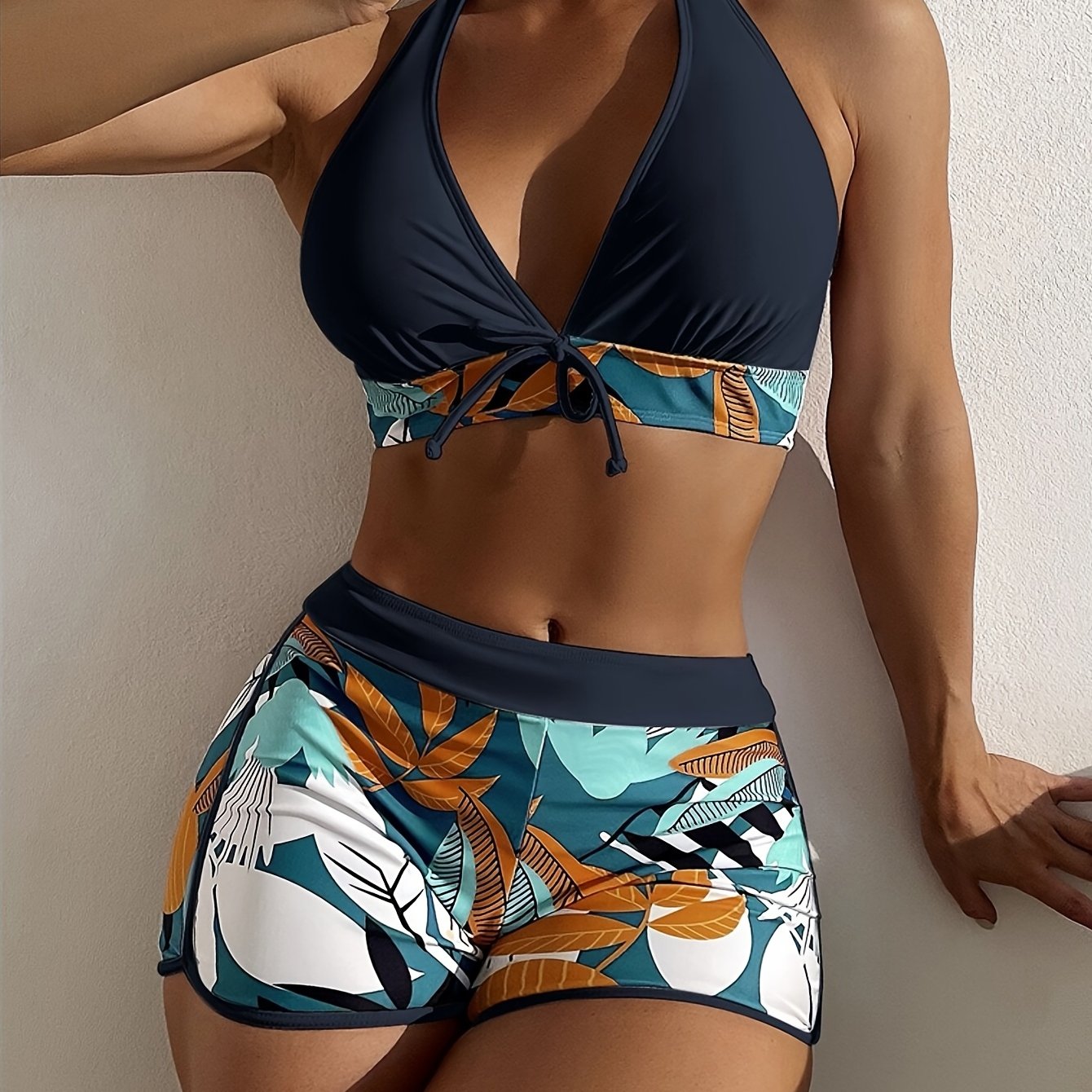 Floral Print Deep V Shape Halter Bikini Boxer Swimsuit