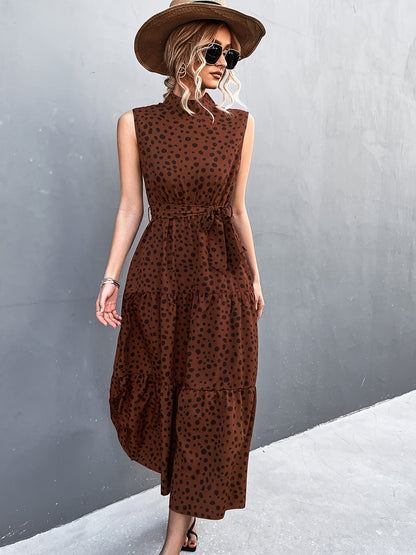 Elegant Lace Up Midi Dress Dot Tie Print Sleeveless High Neck Belt Waist Summer Maxi Dresses