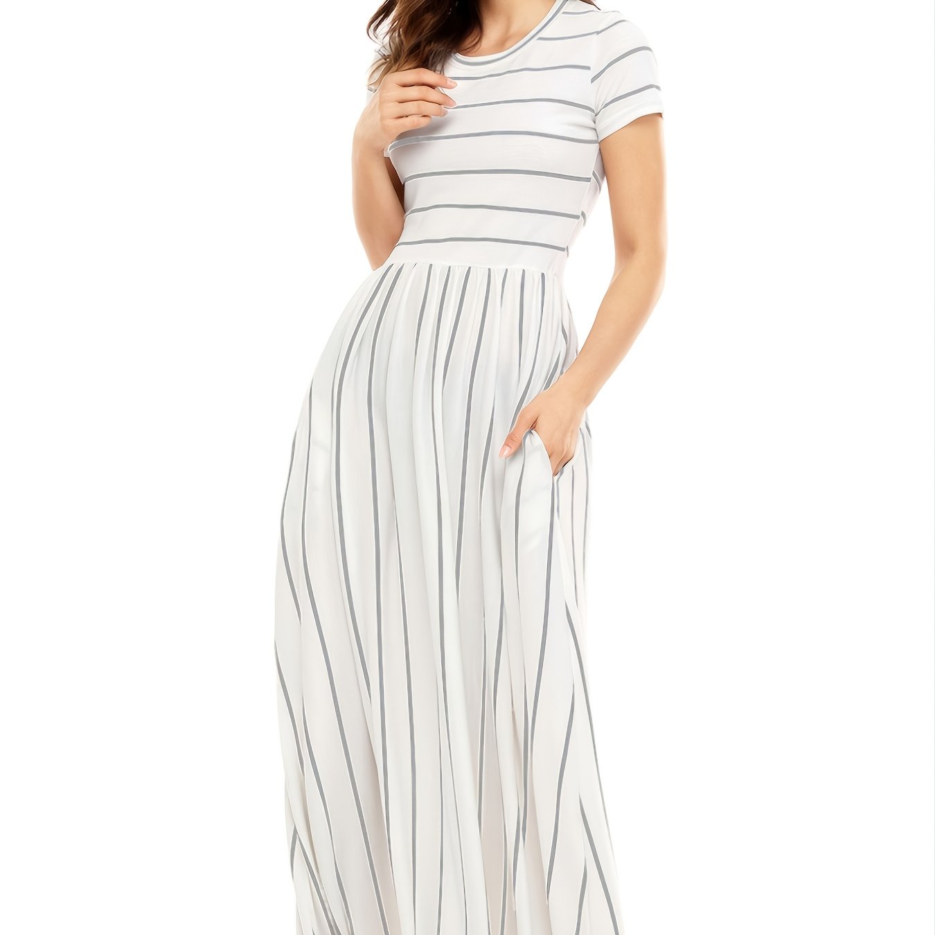Blue Striped White Short Sleeve Maxi Dress