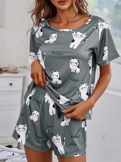 Women's Two-piece Sets Comfortable Allover Kitty Print Short Sleeve Shorts Pajama Sets