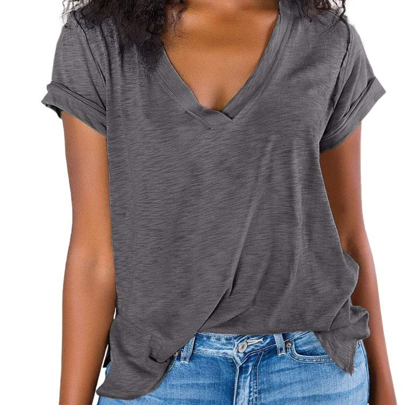 V Neck Side Slit Casual Loose Short Sleeve Fashion Summer T-Shirts Tops