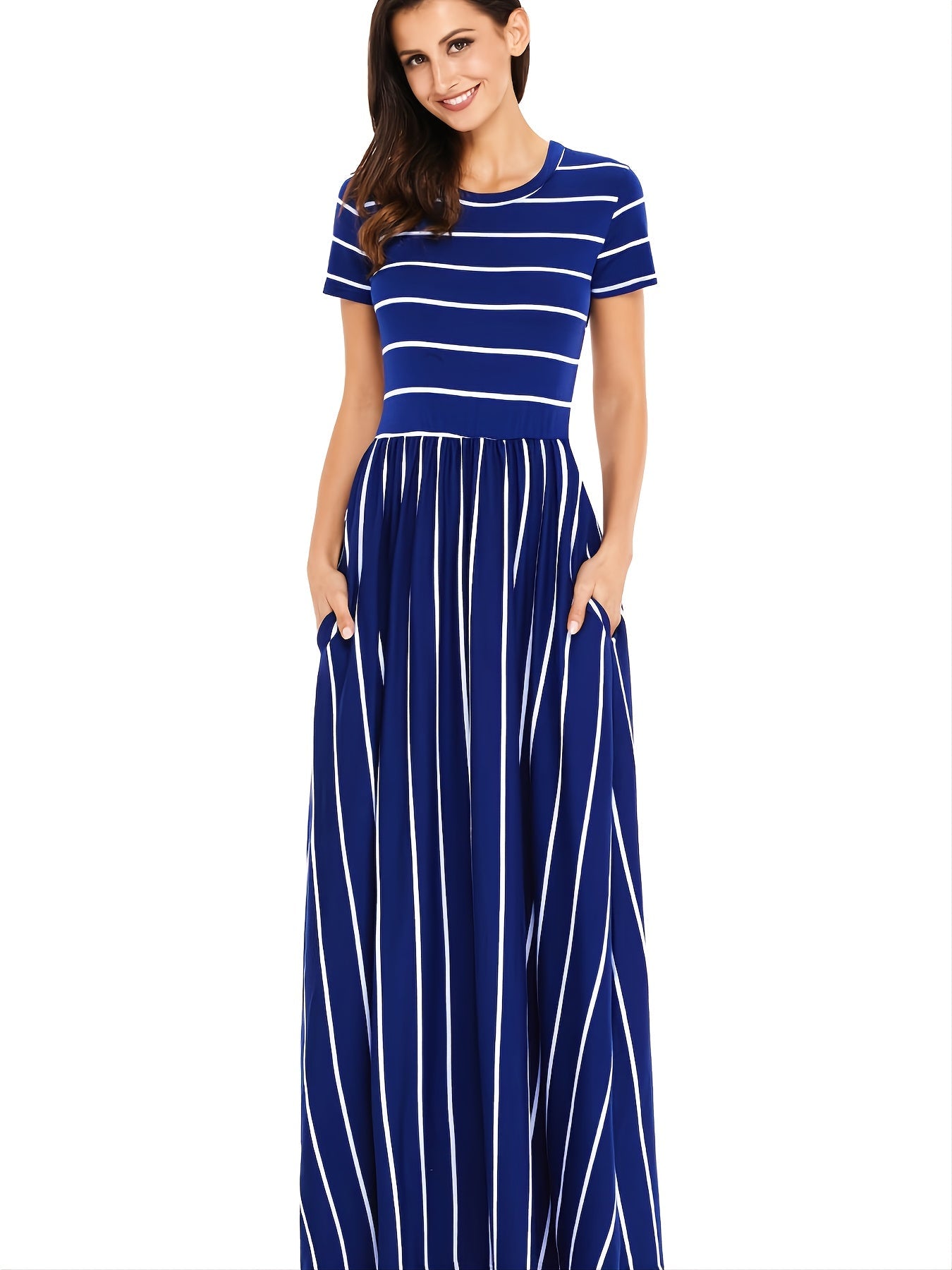 Blue Striped White Short Sleeve Maxi Dress
