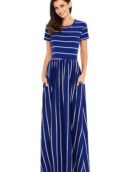 Blue Striped White Short Sleeve Maxi Dress