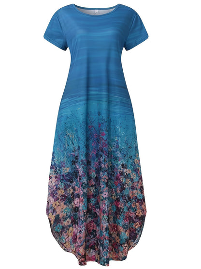 Casual Short Sleeve Crew Neck Floral Print Pocket Dress
