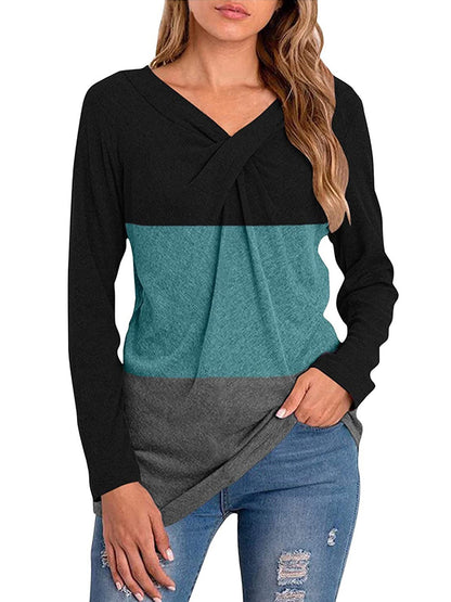 Color Block Long Sleeve Twist Neck T-shirts