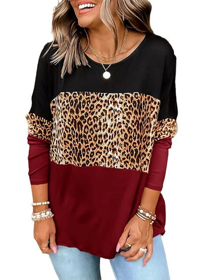 Casual Loose Leopard Round Neck Long Sleeve Color Block T-Shirt