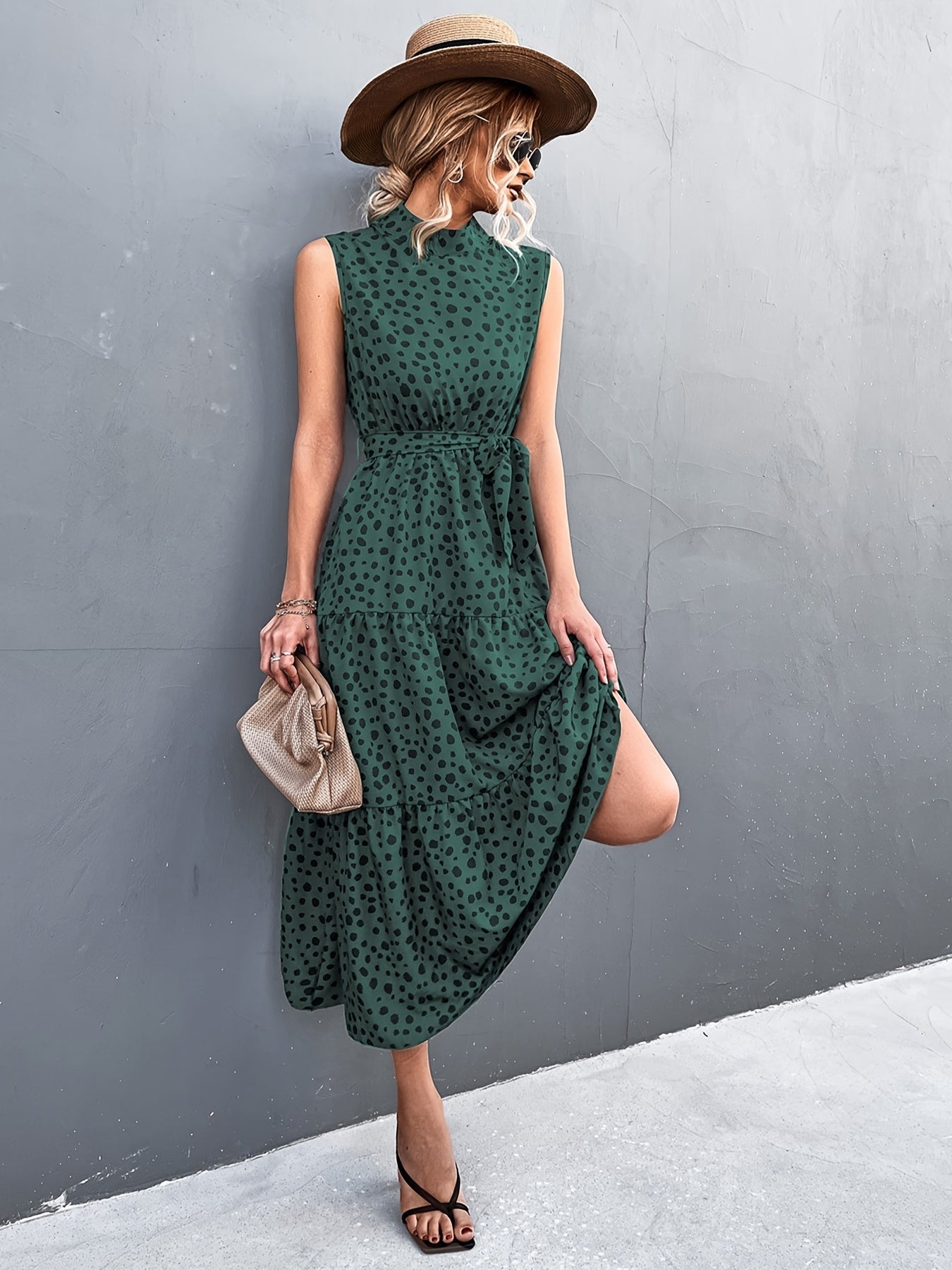 Elegant Lace Up Midi Dress Dot Tie Print Sleeveless High Neck Belt Waist Summer Maxi Dresses