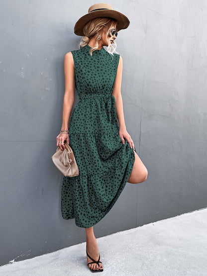 Elegant Lace Up Midi Dress Dot Tie Print Sleeveless High Neck Belt Waist Summer Maxi Dresses