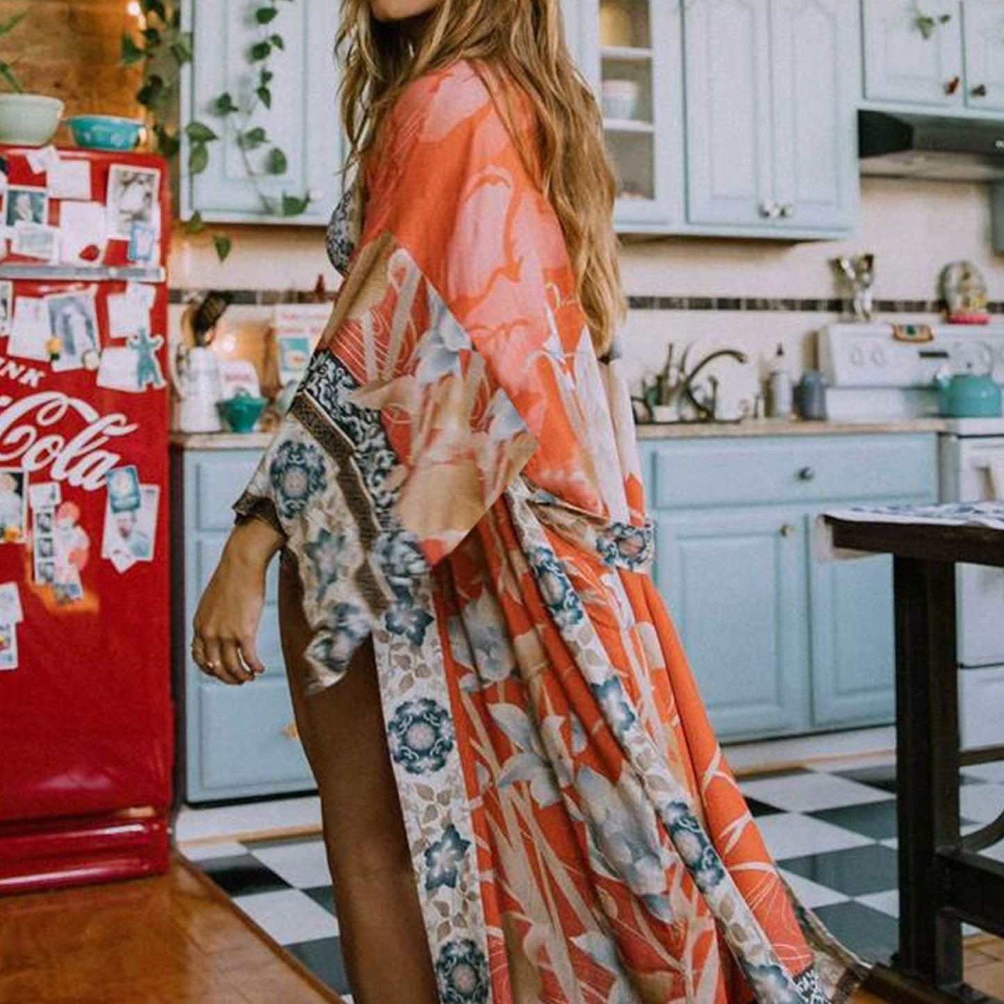 Ethnic Tribal Pattern Contrast Trim Long Robe Loose Baggy Fit Colorful Cover Up Kimono Shirts