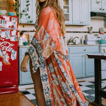 Ethnic Tribal Pattern Contrast Trim Long Robe Loose Baggy Fit Colorful Cover Up Kimono Shirts