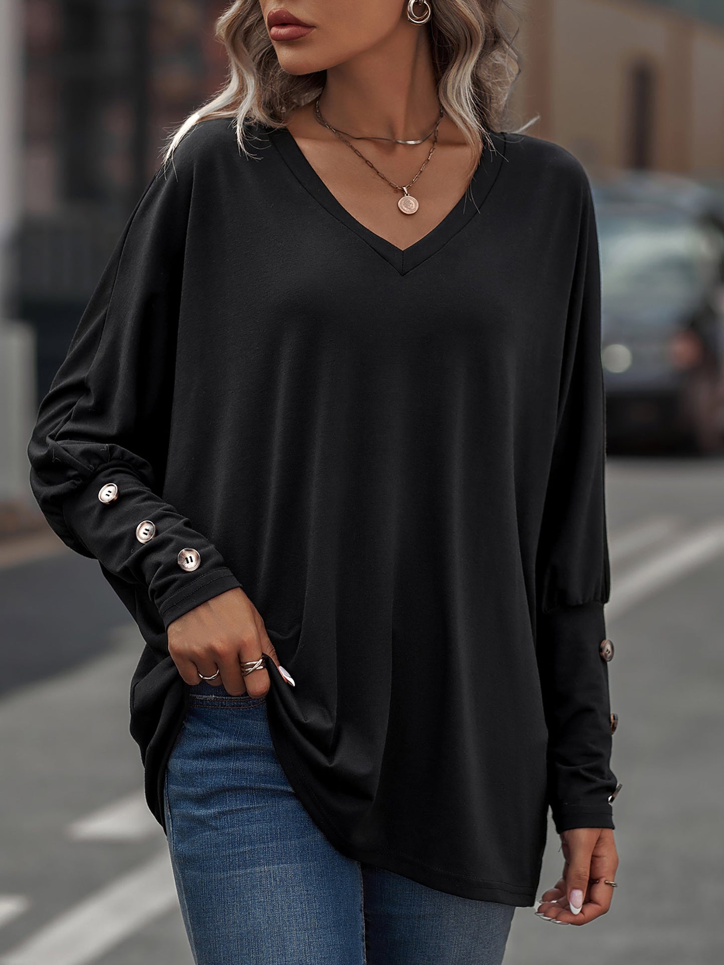 Loose-Fit V-Neck Oversized Batwing Long Sleeve Casual Tops