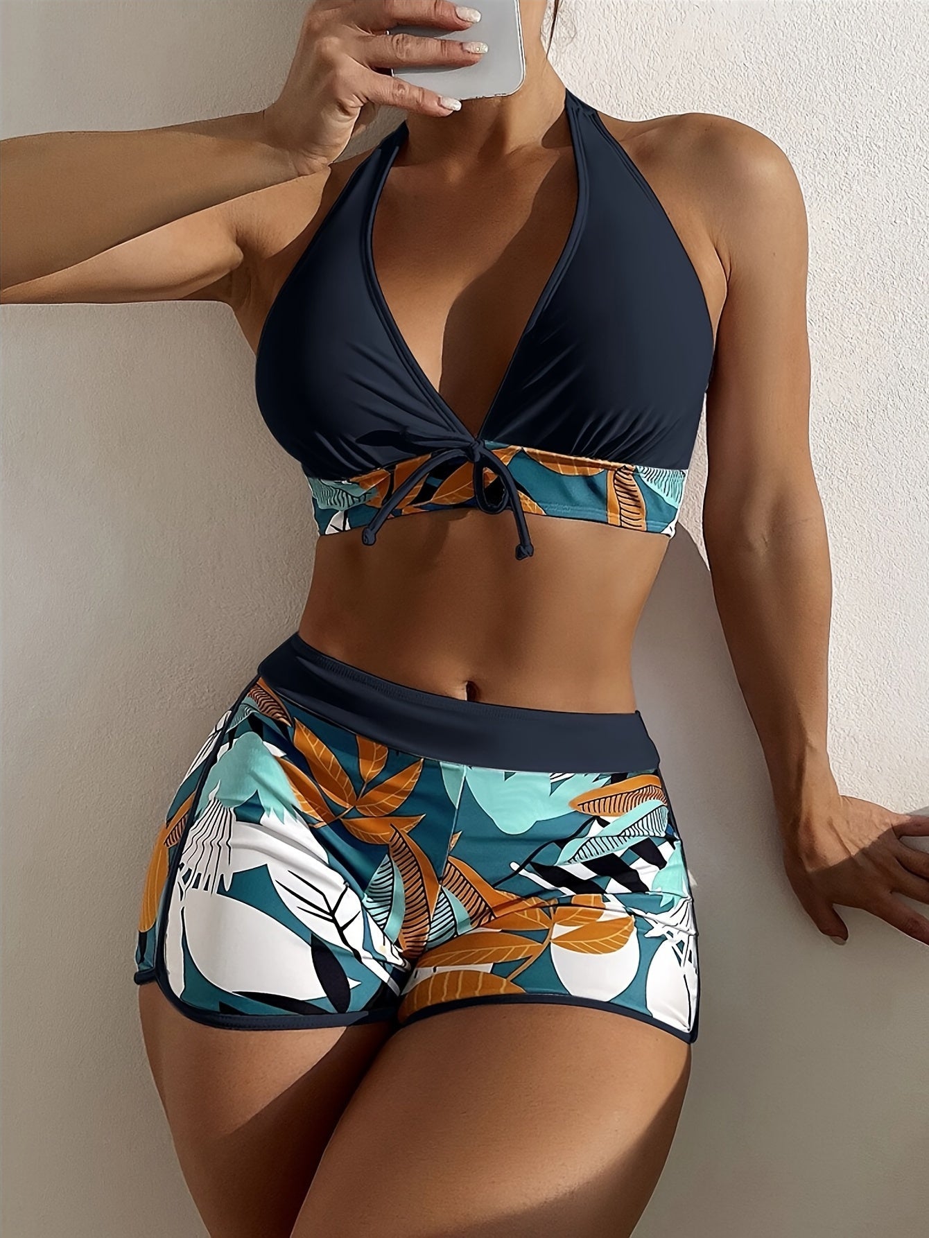 Floral Print Deep V Shape Halter Bikini Boxer Swimsuit